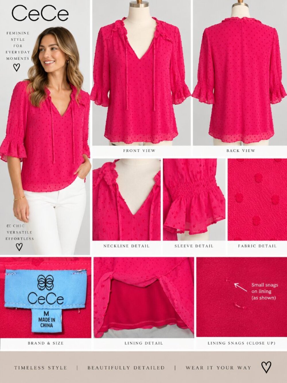 CeCe NWT Women’s M Hot Pink Swiss Dot Ruffle V-Neck Blouse 3/4 Sleeve